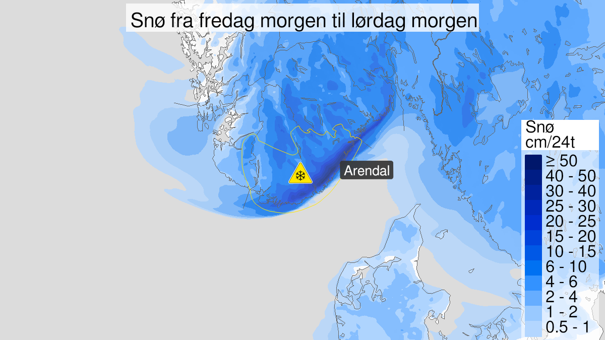 Kart over Snø, gult nivå, Agder og sørøstlige deler av Rogaland, 2023-12-08T05:00:00+00:00, 2023-12-09T05:00:00+00:00