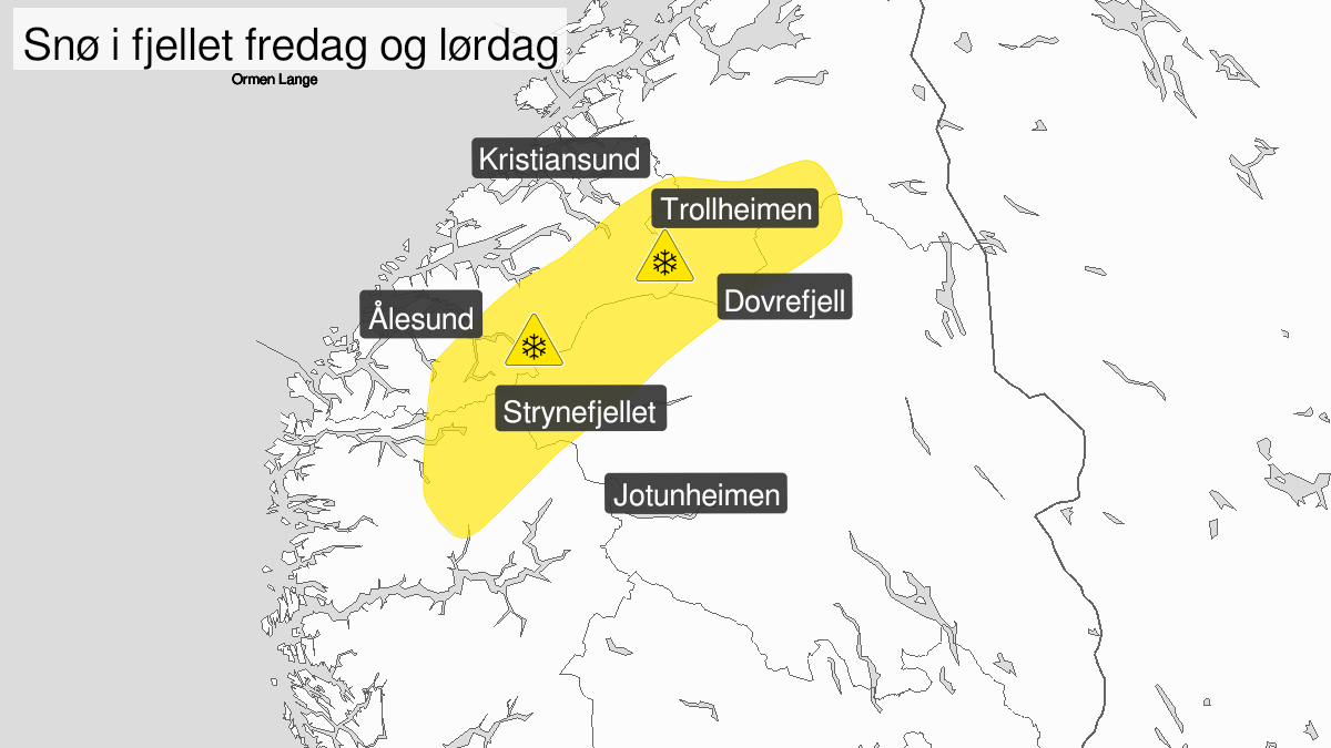 Kart over Snø, gult nivå, Nordvestlige fjelltrakter i Sør-Norge, 2022-09-16T14:00:00+00:00, 2022-09-17T23:00:00+00:00