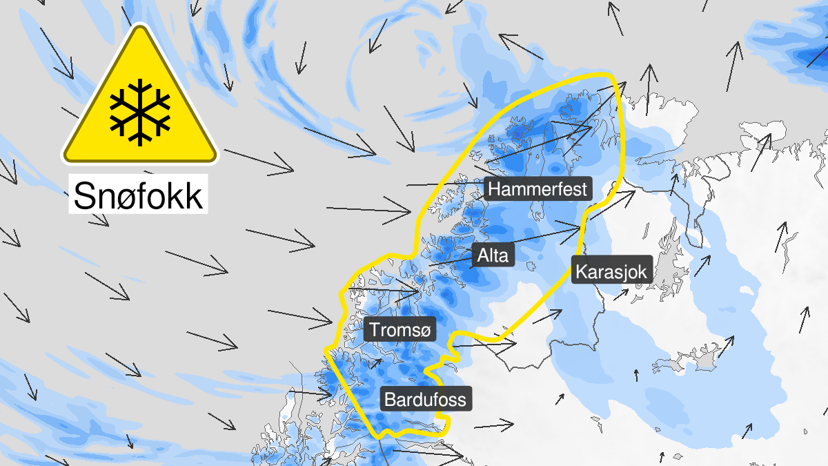Map over Blowing snow, yellow level, Parts of Troms and Finnmark, 2023-01-28T20:00:00+00:00, 2023-01-29T14:00:00+00:00