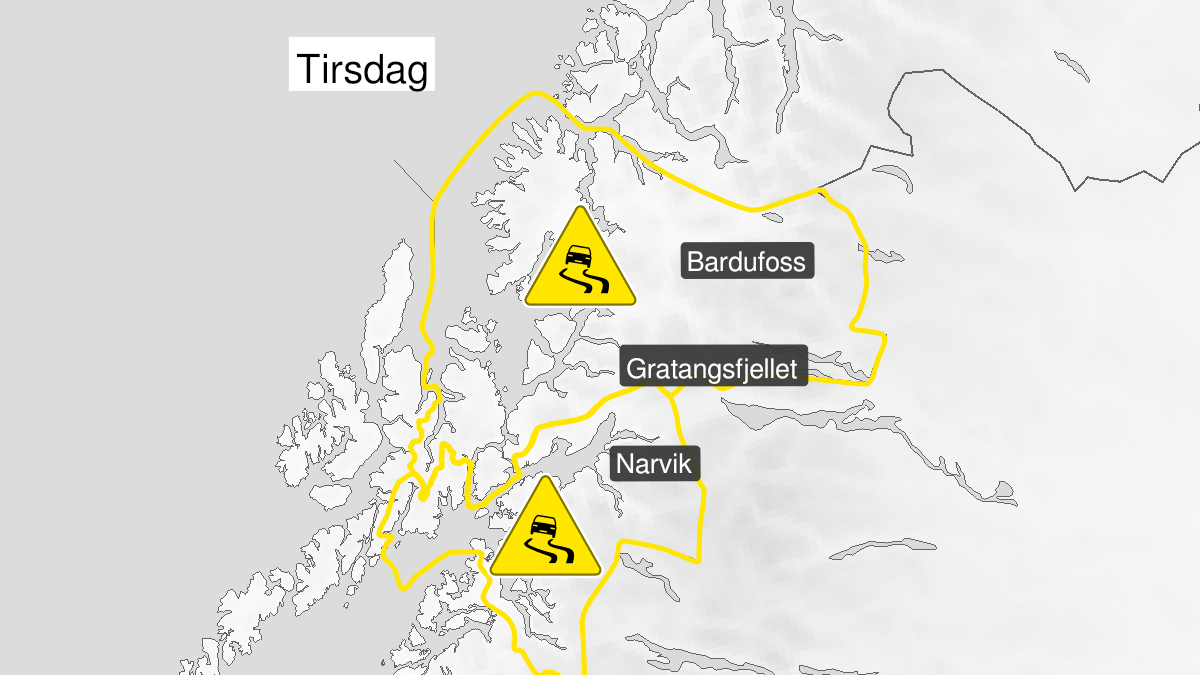 Kart over is, gult nivå, Ofoten og Sør-Troms, 25 October 23:00 UTC til 26 October 23:00 UTC.