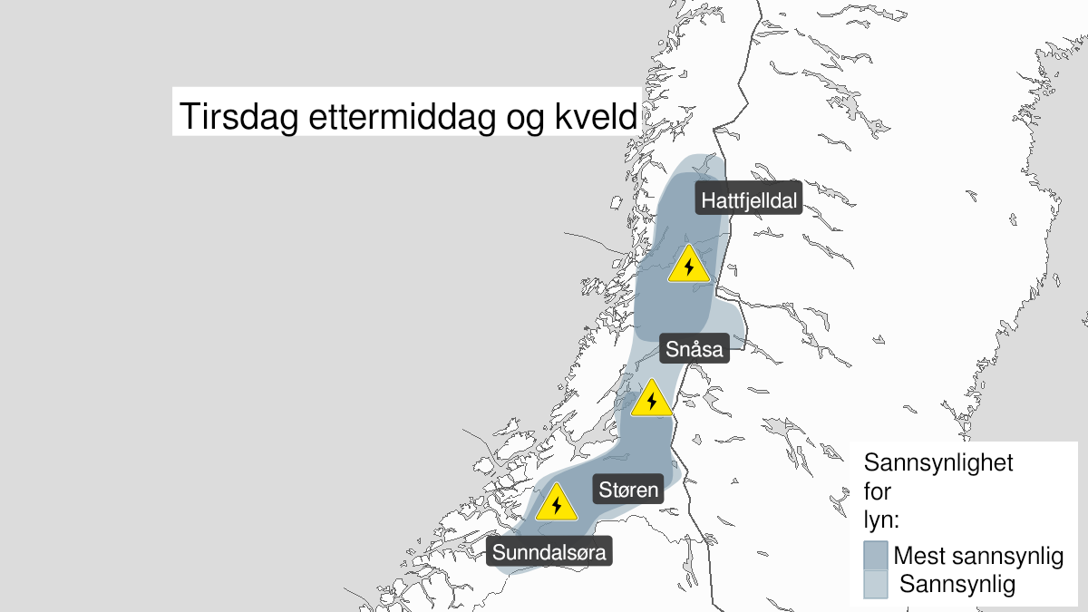 Kart over Mye lyn pågår, gult nivå, Deler av Møre og Romsdal, Trøndelag og Helgeland, 2024-06-18T10:00:00+00:00, 2024-06-18T21:00:00+00:00