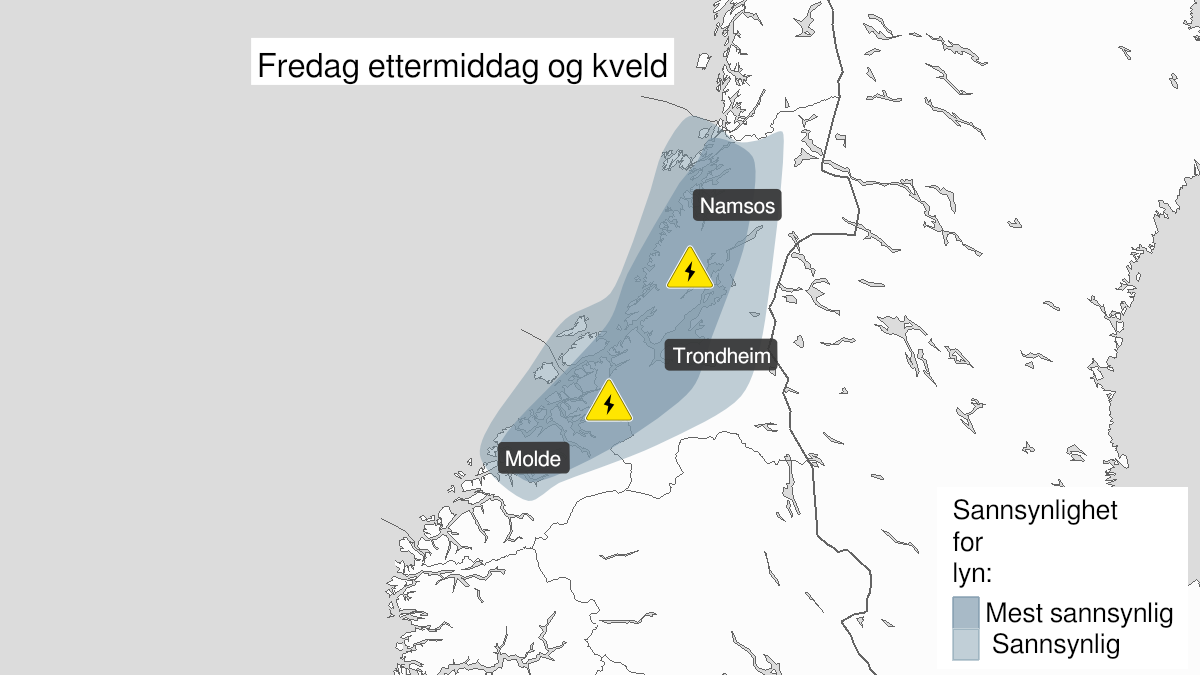 Map over Frequent lightning, yellow level, Parts of Møre and Romsdal og Trøndelag, 2024-06-14T12:00:00+00:00, 2024-06-14T17:30:00+00:00