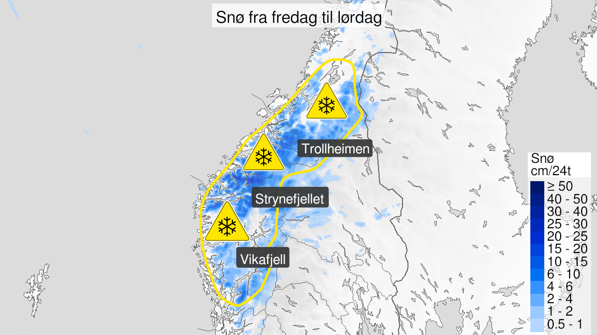 Kart over Snø, gult nivå, Deler av fjellet i Sør-Norge, 2024-09-27T10:00:00+00:00, 2024-09-28T12:00:00+00:00