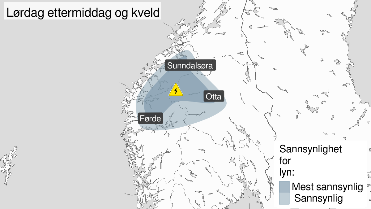 Kart over Mye lyn, gult nivå, Deler av Møre og Romsdal, Vestland og Innlandet, 2023-07-29T12:00:00+00:00, 2023-07-29T17:00:00+00:00