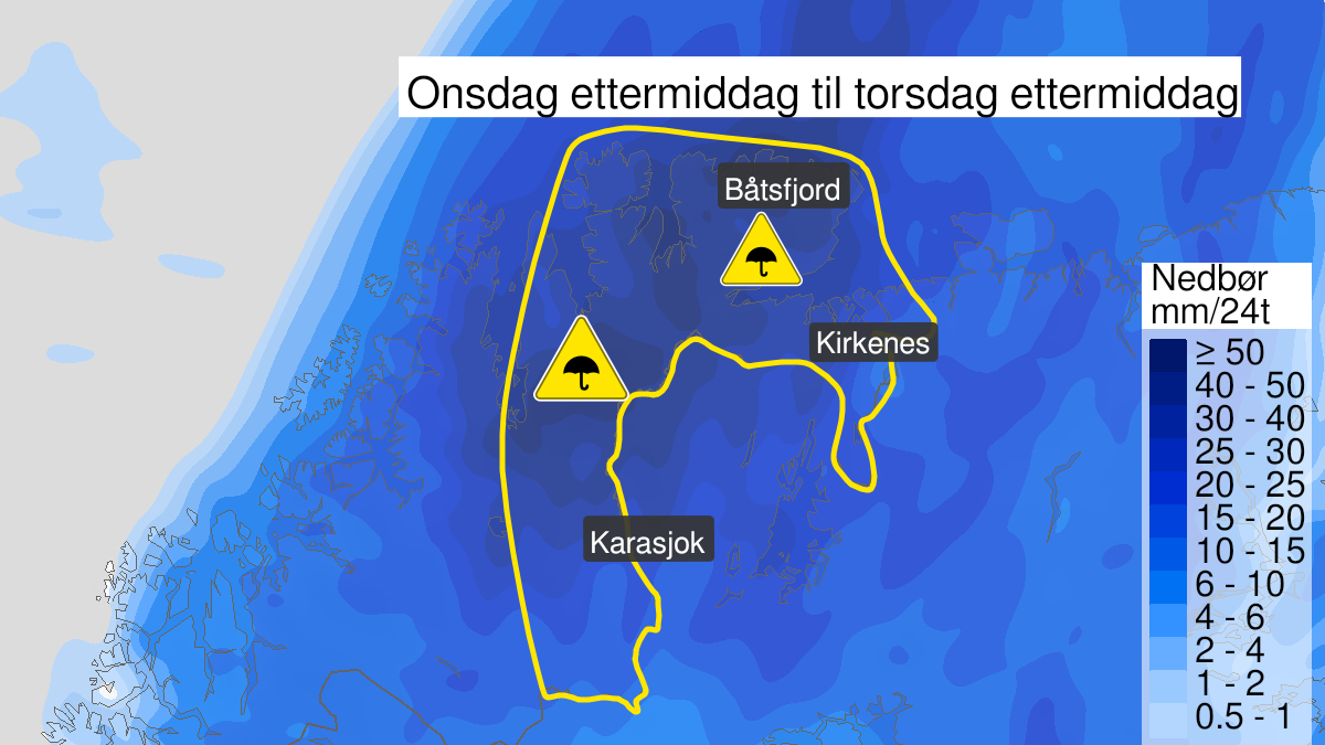 Kart over Mulighet for svært mye regn, gult nivå, Øst-Finnmark og østlige deler av Finnmarksvidda, 2023-08-16T12:00:00+00:00, 2023-08-17T09:20:00+00:00
