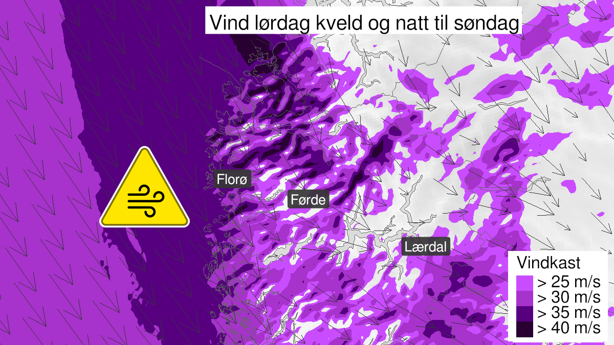 Kart over kraftige vindkast, gult nivå, Sogn og Fjordane, 29 January 19:00 UTC til 30 January 05:00 UTC.
