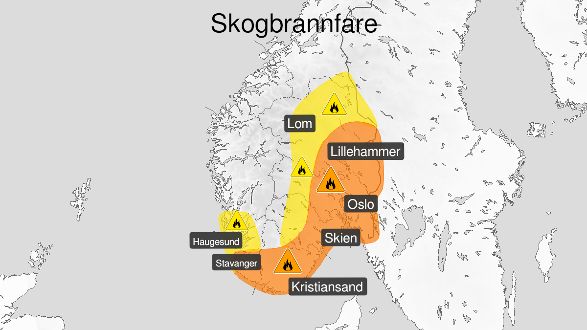Kart over Stor skogbrannfare, oransje nivå, Deler av Østlandet, Agder og sørlige del av Rogaland, 2023-06-07T08:00:00+00:00, 2023-06-15T22:00:00+00:00