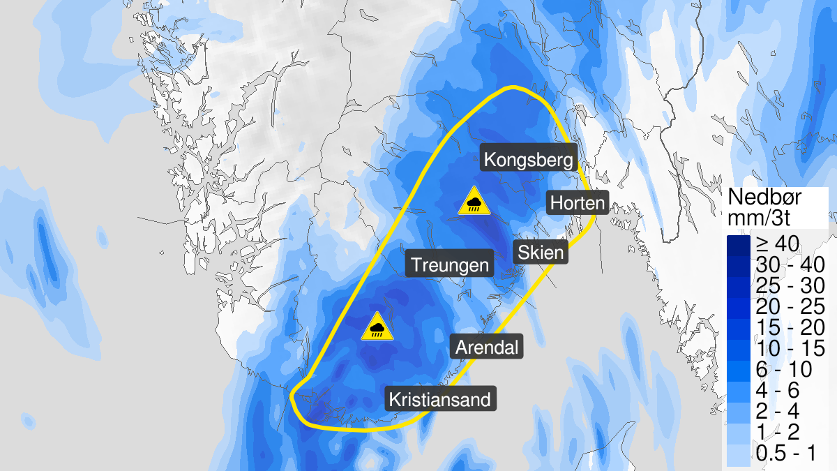 Kart over Styrtregn, gult nivå, Deler av Østlandet og Sørlandet, 2024-07-06T20:00:00+00:00, 2024-07-07T05:00:00+00:00