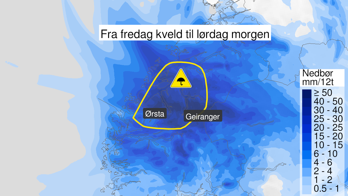 Kart over Mye regn, gult nivå, Deler av Møre og Romsdal, 2024-07-05T18:00:00+00:00, 2024-07-06T07:00:00+00:00