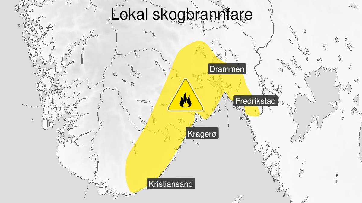 Kart over Skogbrannfare, gult nivå, Deler av Agder, Vestfold og Telemark og Viken, 2022-06-15T06:00:00+00:00, 2022-06-17T15:00:00+00:00