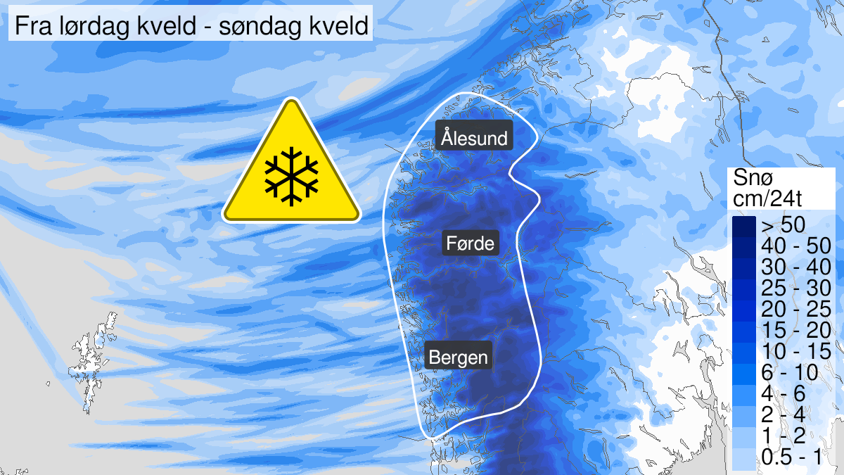 Kart over snø, gult nivå, Hordaland, Sogn, Sunnfjord, Nordfjord og Sunnmøre, 05 February 19:00 UTC til 06 February 19:00 UTC.