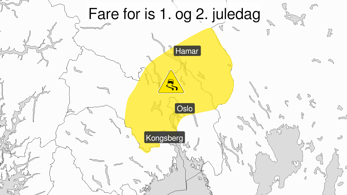 Kart over Is, gult nivå, Oslo og deler av Viken og Innlandet fylke, 2022-12-25T15:00:00+00:00, 2022-12-26T12:00:00+00:00