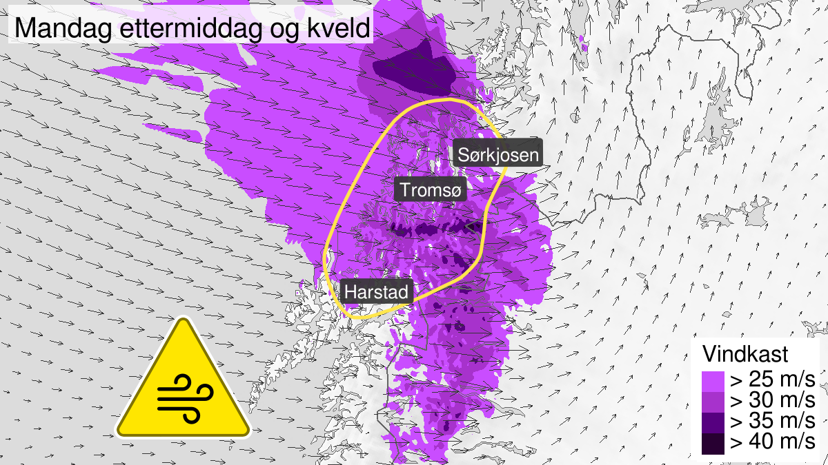 Kraftige vindkast pågår, gult nivå, Troms, 16 March 12:00 UTC til 16 March 17:00 UTC.