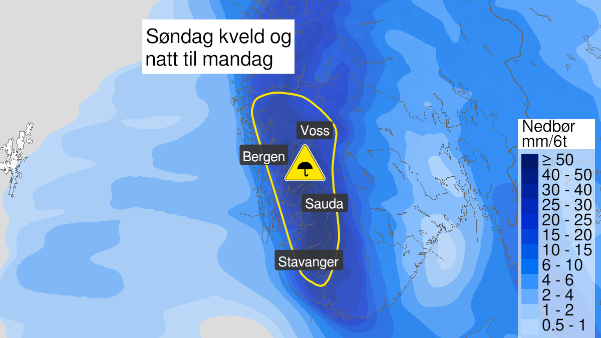 Kart over Mye regn, gult nivå, Deler av Agder, Rogaland og Vestland fylke, 2023-02-19T21:00:00+00:00, 2023-02-20T06:00:00+00:00