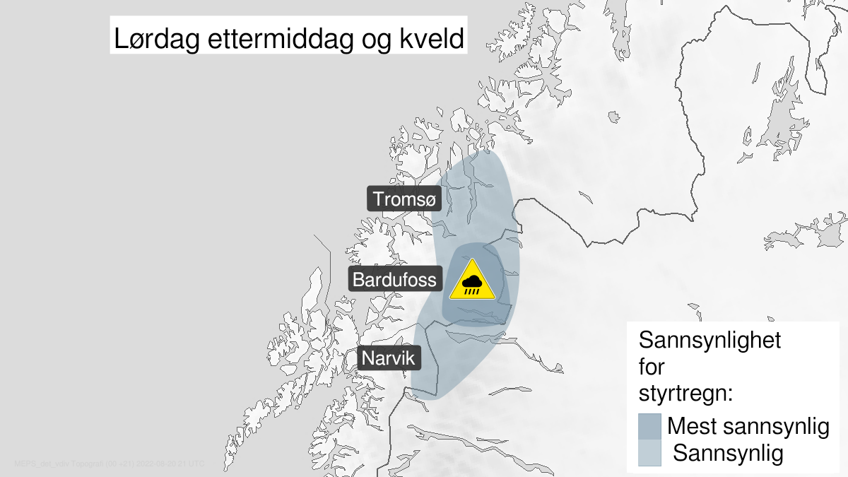 Kart over Styrtregn, gult nivå, Deler av Ofoten og Troms, 2022-08-20T12:00:00+00:00, 2022-08-21T00:00:00+00:00