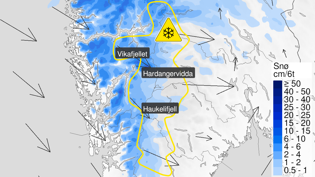 Kart over Kraftig snøfokk, gult nivå, Deler av fjellet i Sør-Norge, 2023-04-29T08:00:00+00:00, 2023-04-30T08:00:00+00:00