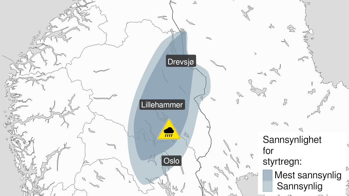 Kart over Styrtregn, gult nivå, Deler av Østlandet, 2023-08-15T16:00:00+00:00, 2023-08-15T23:00:00+00:00