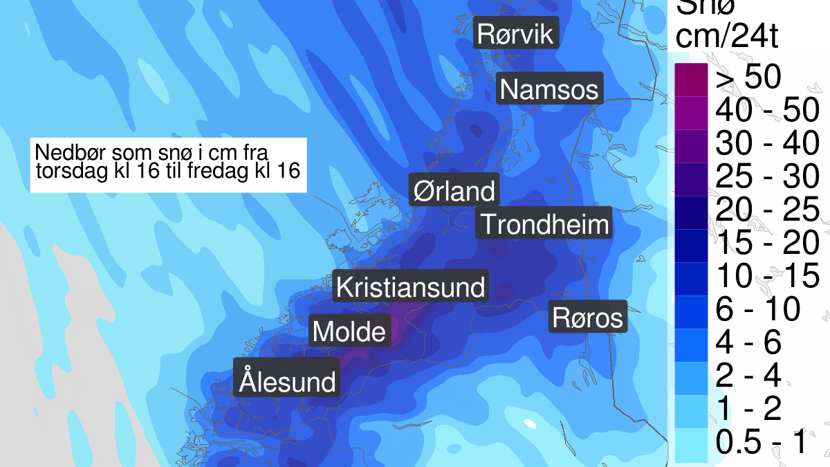 Heavy snow, yellow level, Moere and Romsdal and Troendelag, 12 March 16:00 UTC to 13 March 18:00 UTC.