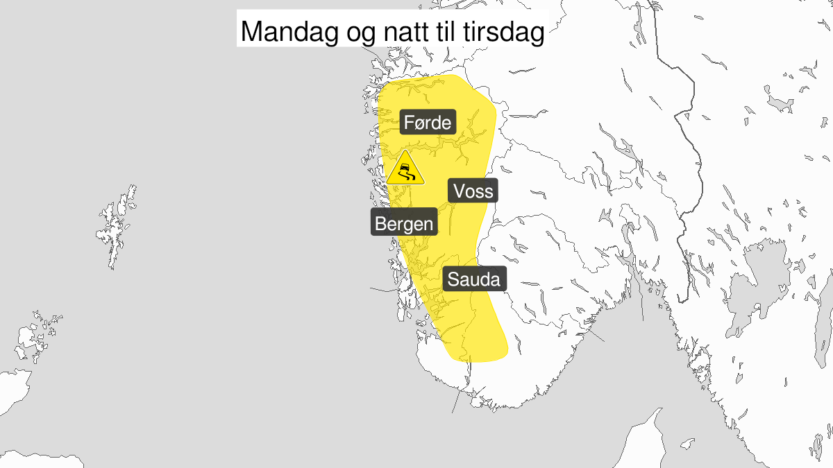 Kart over Is, gult nivå, Deler av Vestlandet sør for Stad og Agder, 2023-01-23T04:00:00+00:00, 2023-01-24T04:00:00+00:00