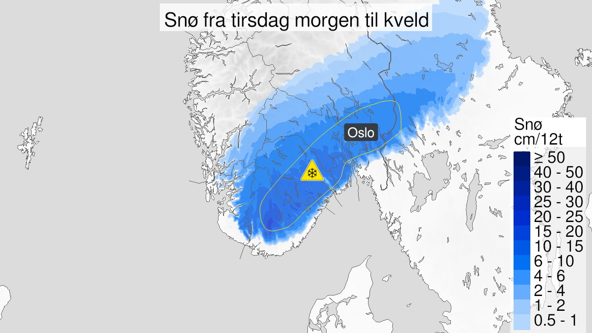 Map over Snow, yellow level, Parts of Souteast-Norway, 2024-01-30T04:00:00+00:00, 2024-01-30T18:00:00+00:00