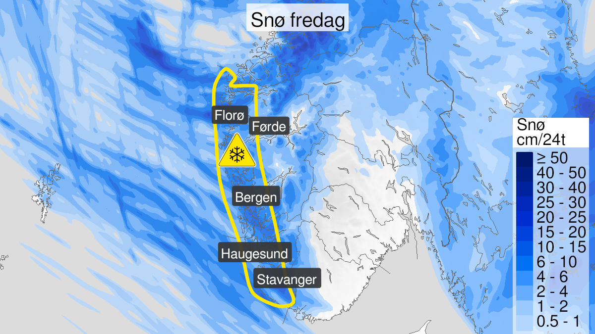Kart over Snø, gult nivå, Ytre og midtre deler av Vestlandet sør for Stad, 2023-12-22T00:00:00+00:00, 2023-12-22T23:00:00+00:00
