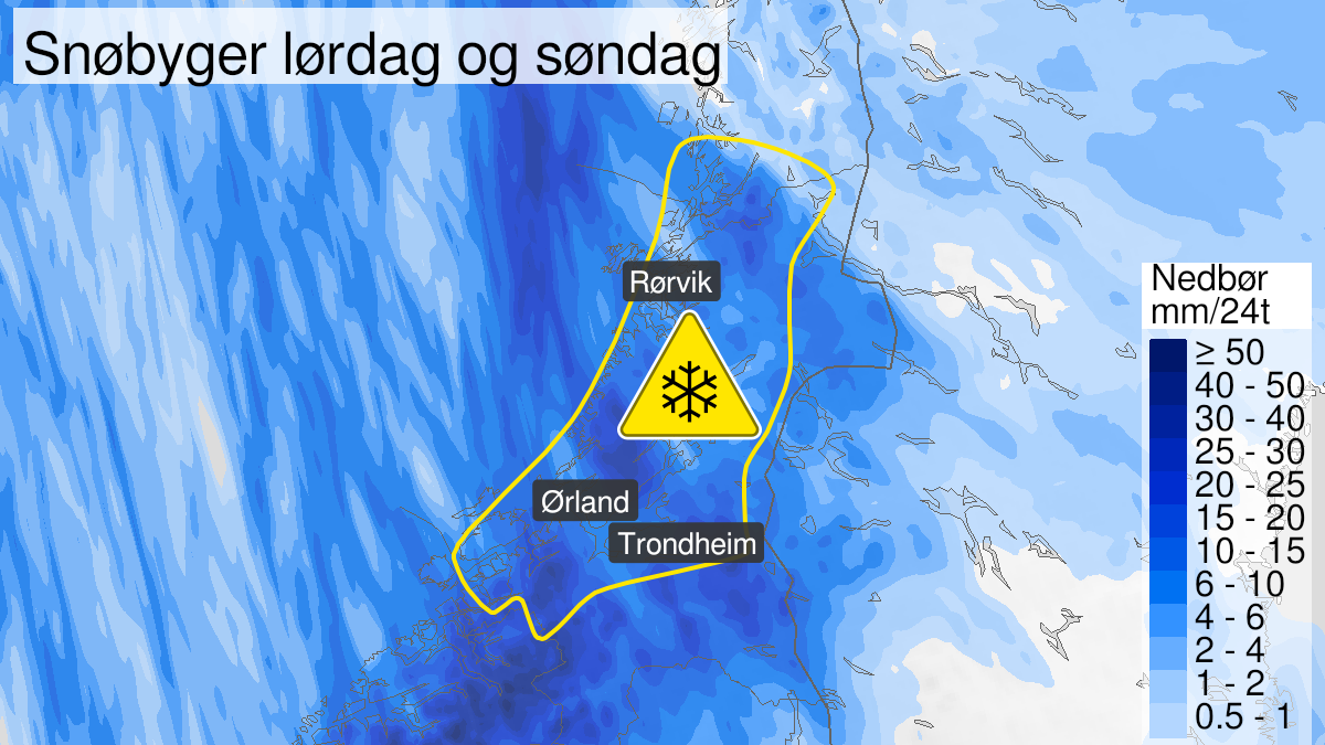 Map over Snow, yellow level, Parts of Trøndelag and southern part of Helgeland, 2023-03-03T12:00:00+00:00, 2023-03-05T09:00:00+00:00