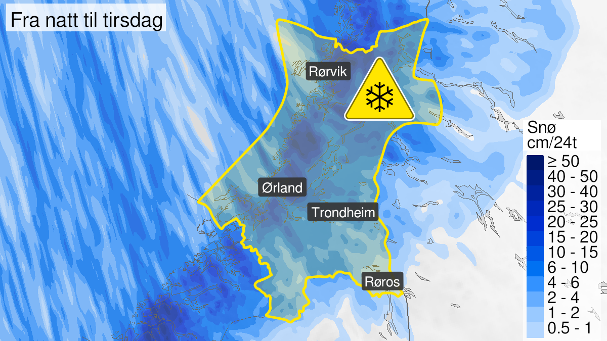 Kart over Snø, gult nivå, Trøndelag, 2022-12-06T00:00:00+00:00, 2022-12-07T18:00:00+00:00