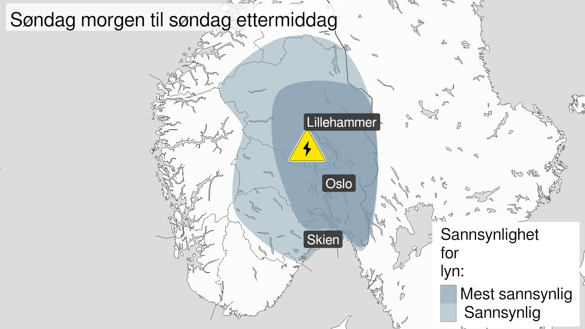 Kart over mye lyn, gult nivå, Østlandet, 04 July 07:00 UTC til 04 July 13:00 UTC.