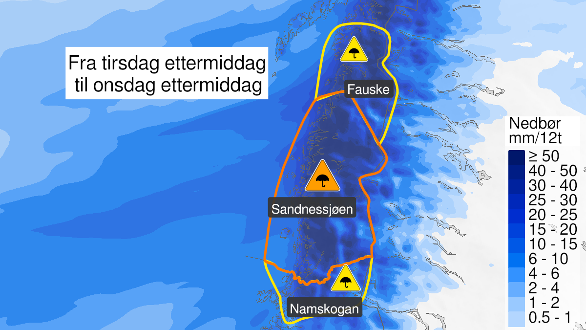 Kart over Svært mye regn, oransje nivå, Nordland sør for Saltfjorden, 2023-01-24T15:00:00+00:00, 2023-01-25T15:00:00+00:00