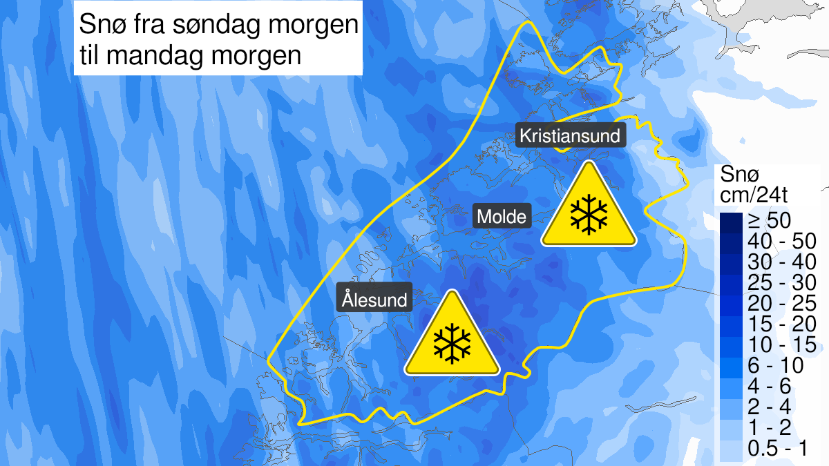 Kart over Snø, gult nivå, Møre og Romsdal, 2023-03-26T06:00:00+00:00, 2023-03-27T06:00:00+00:00