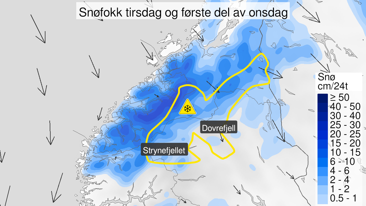 Kart over Kraftig snøfokk, gult nivå, Nordlige fjelltrakter i Sør-Norge, 2024-04-23T00:00:00+00:00, 2024-04-24T06:00:00+00:00