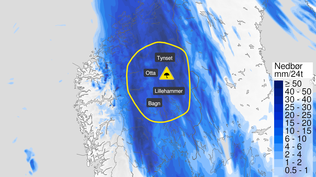 Map over Heavy rain, yellow level, Parts of Østlandet, 2024-07-22T03:00:00+00:00, 2024-07-23T01:00:00+00:00