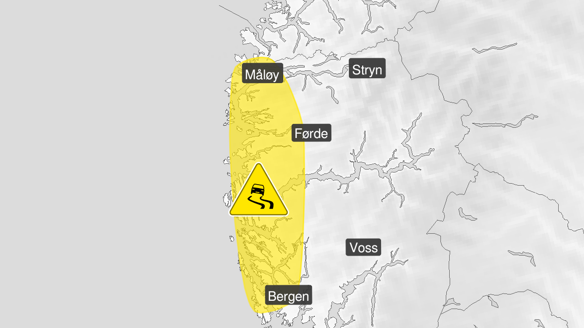 Map over Downgraded alert warning for ice, Outer regions in Vestland county
