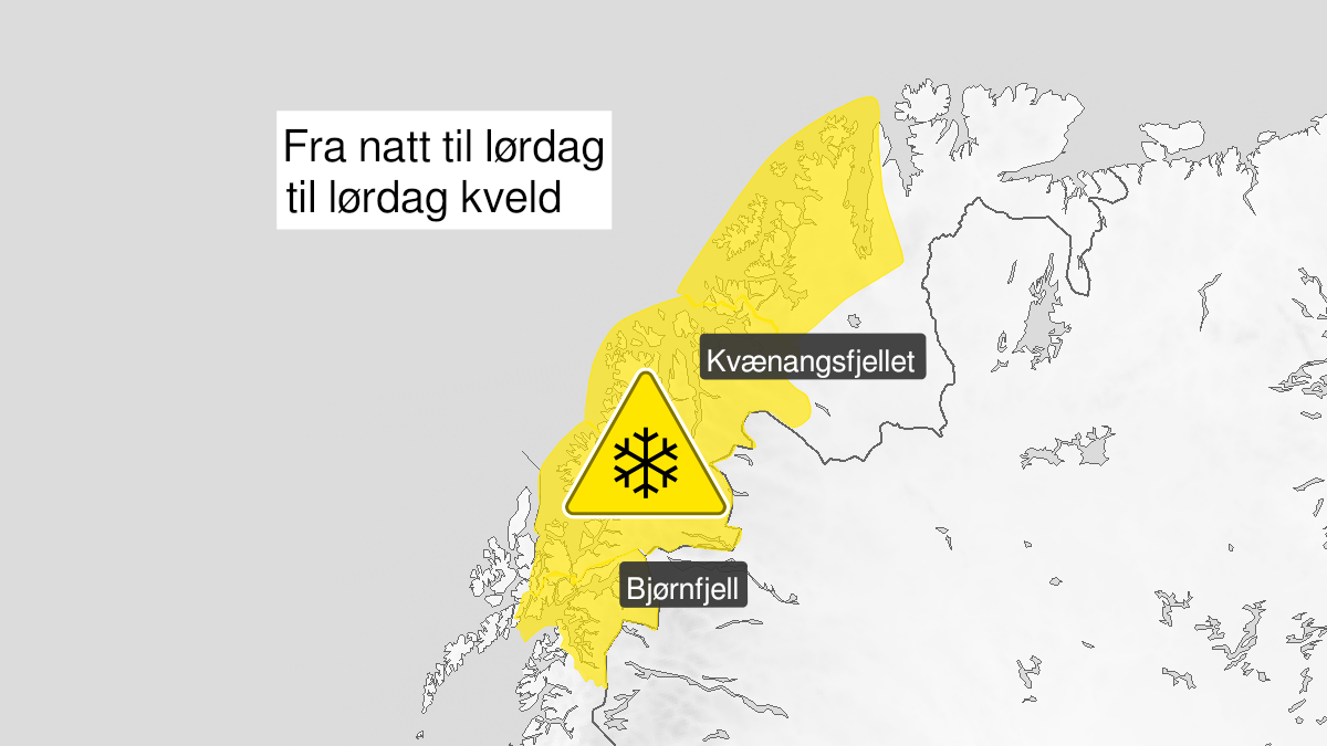 Kart over snø, gult nivå, Ofoten, Troms og Kyst- og fjordstrøkene i Vest-Finnmark, 25 September 23:00 UTC til 26 September 18:00 UTC.