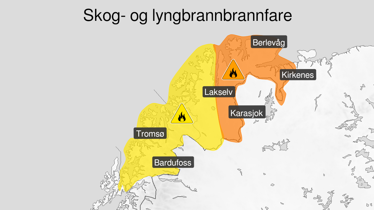 Map over High forest fire danger, orange level, East Finnmark and eastern parts of Finnmarksvidda, 2024-07-23T09:00:00+00:00, 2024-08-01T12:00:00+00:00