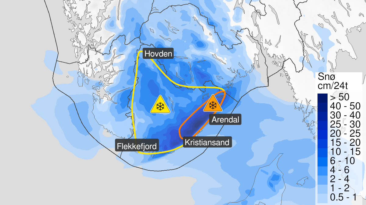 Kart over snø, gult nivå, Vest-Agder, 09 January 08:00 UTC til 10 January 05:00 UTC.