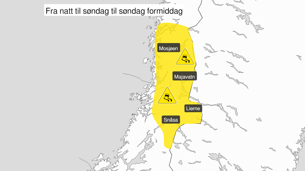Kart over Is, gult nivå, Deler av Trøndelag og Helgeland, 2024-04-06T23:00:00+00:00, 2024-04-07T09:00:00+00:00