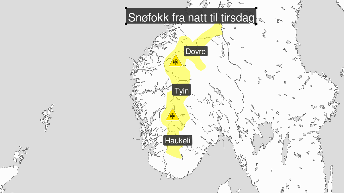 Blowing snow, yellow level, Fjellet i Soer-Norge, 14 January 00:00 UTC to 14 January 12:00 UTC.