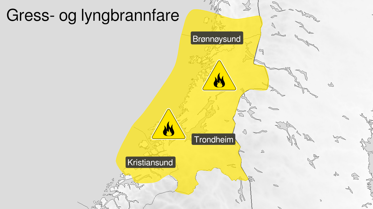 Kart over Skogbrannfare, gult nivå, Trøndelag og deler av Møre og Romsdal og Nordland, 2023-05-09T00:00:00+00:00, 2023-05-15T12:00:00+00:00