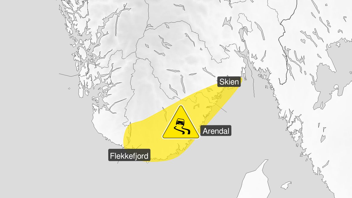 Kart over Is, gult nivå, Deler av Agder, Vestfold og Telemark, 2024-01-20T14:00:00+00:00, 2024-01-21T23:00:00+00:00