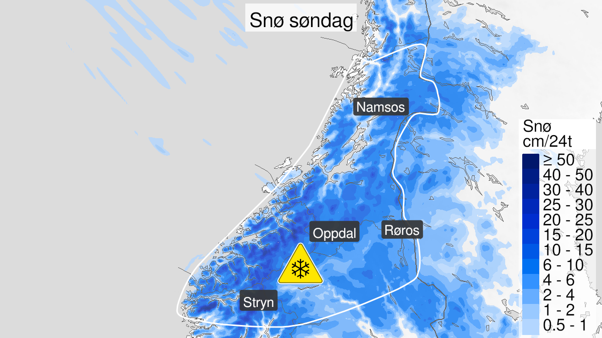 Kart over Snø, gult nivå, Deler av Nordvestlandet, Trøndelag og fjellet fra Jotunheimen og nordover, 2024-04-14T03:00:00+00:00, 2024-04-14T17:00:00+00:00