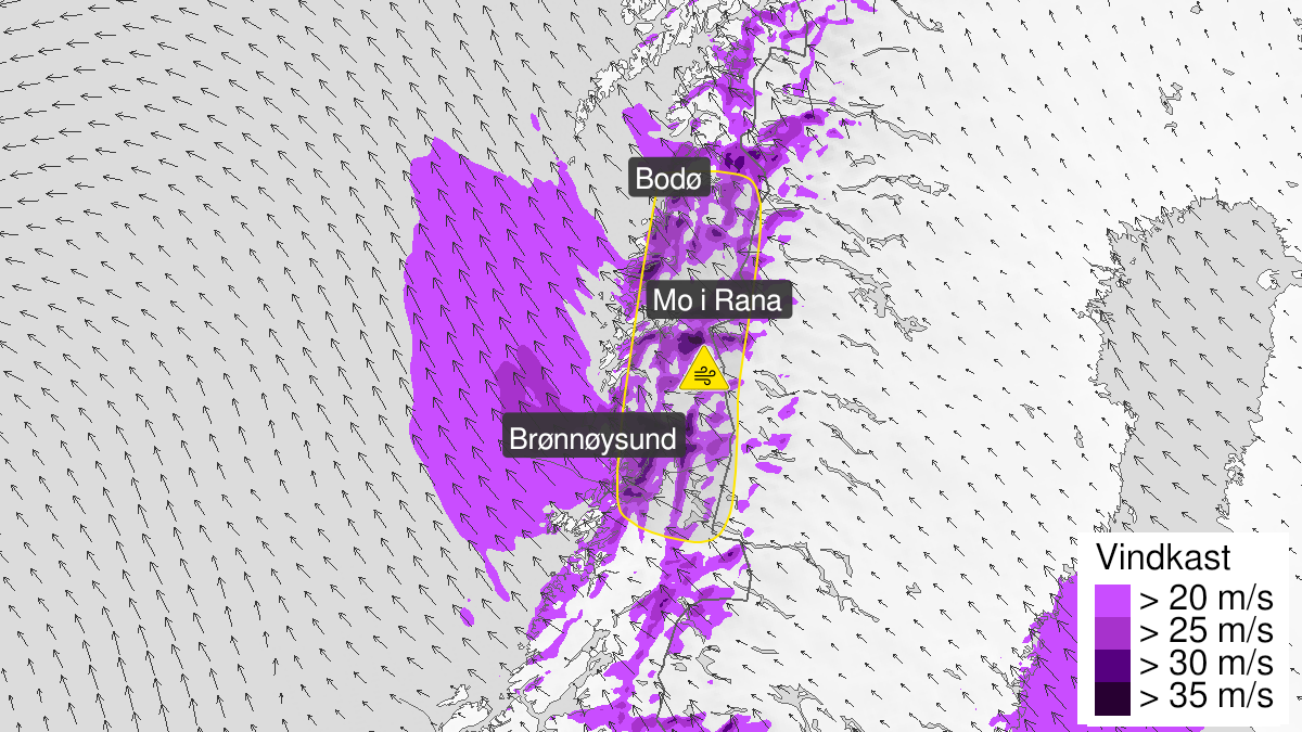 Kart over kraftige vindkast, gult nivå, Helgeland, Saltfjellet og Salten, 11 March 05:00 UTC til 11 March 19:00 UTC.