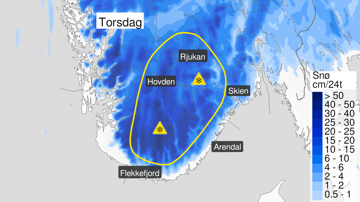 Kart over snø, gult nivå, Telemark og Agder, 02 December 23:00 UTC til 04 December 09:00 UTC.