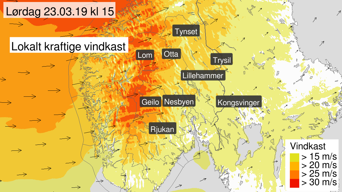 Kraftige vindkast, gult nivå, Telemark, Buskerud, Oppland og Hedmark, 23 March 12:00 UTC til 23 March 18:00 UTC.