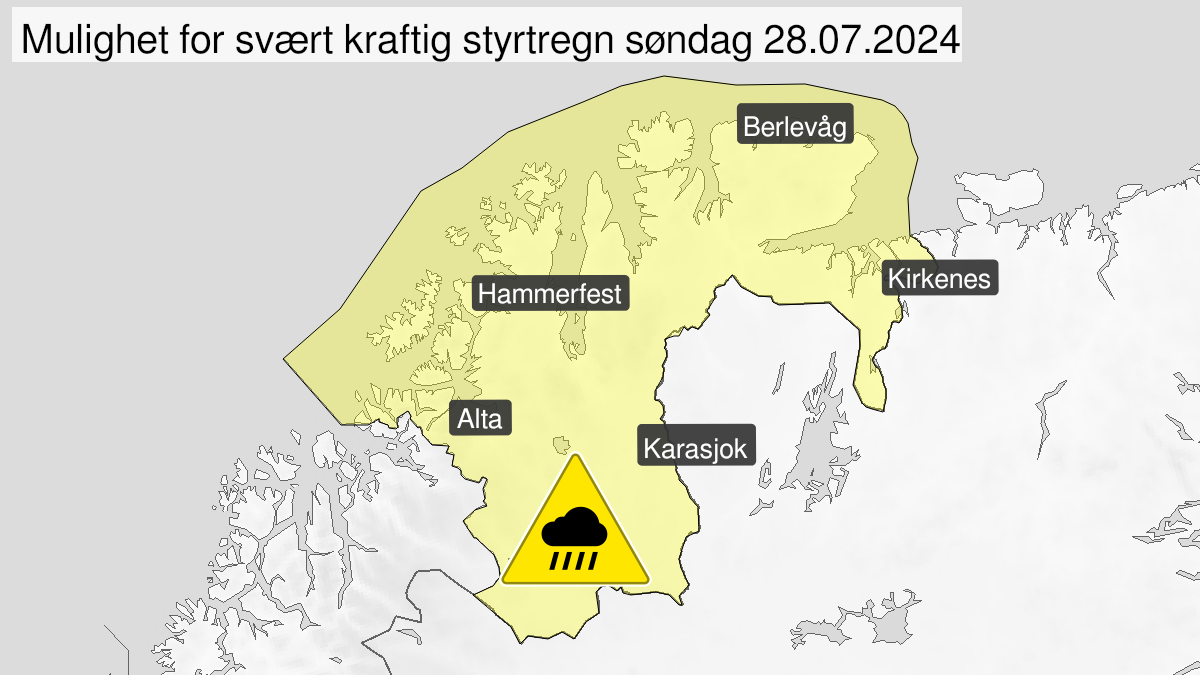 Kart over Mulighet for svært kraftig styrtregn, gult nivå, Finnmark, 2024-07-28T10:00:00+00:00, 2024-07-29T01:00:00+00:00