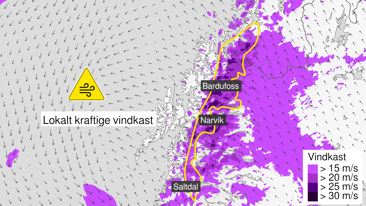 Map over Strong wind gusts, yellow level, Inland Nordland and inland Troms, 2024-09-10T10:00:00+00:00, 2024-09-10T23:00:00+00:00