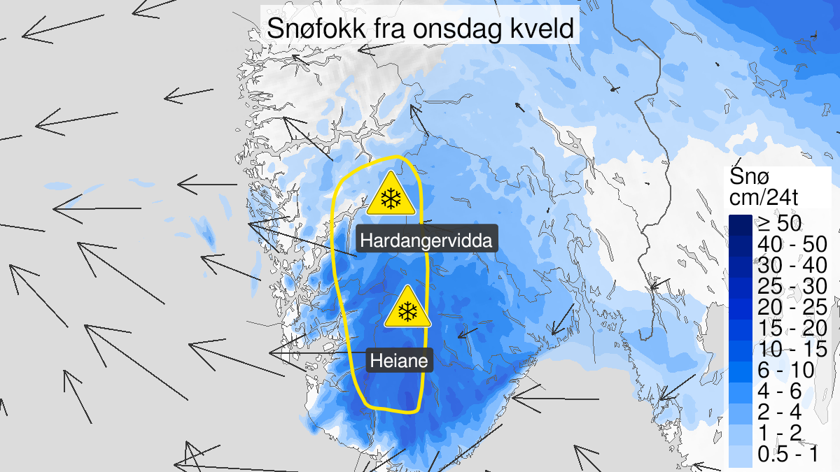 Map over Blowing snow, yellow level, Parts of mountain area in Southern Norway, 2023-11-01T15:00:00+00:00, 2023-11-04T08:00:00+00:00