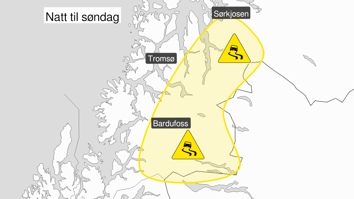 Kart over is, gult nivå, Troms, 19 December 19:00 UTC til 20 December 06:00 UTC.