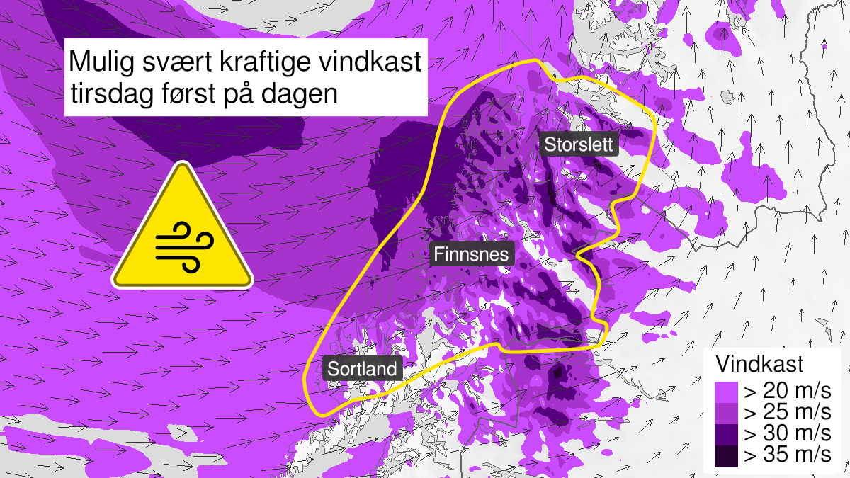 Kart over Mulighet for svært kraftige vindkast, gult nivå, Vesterålen og Troms, 2024-10-01T03:00:00+00:00, 2024-10-01T10:00:00+00:00