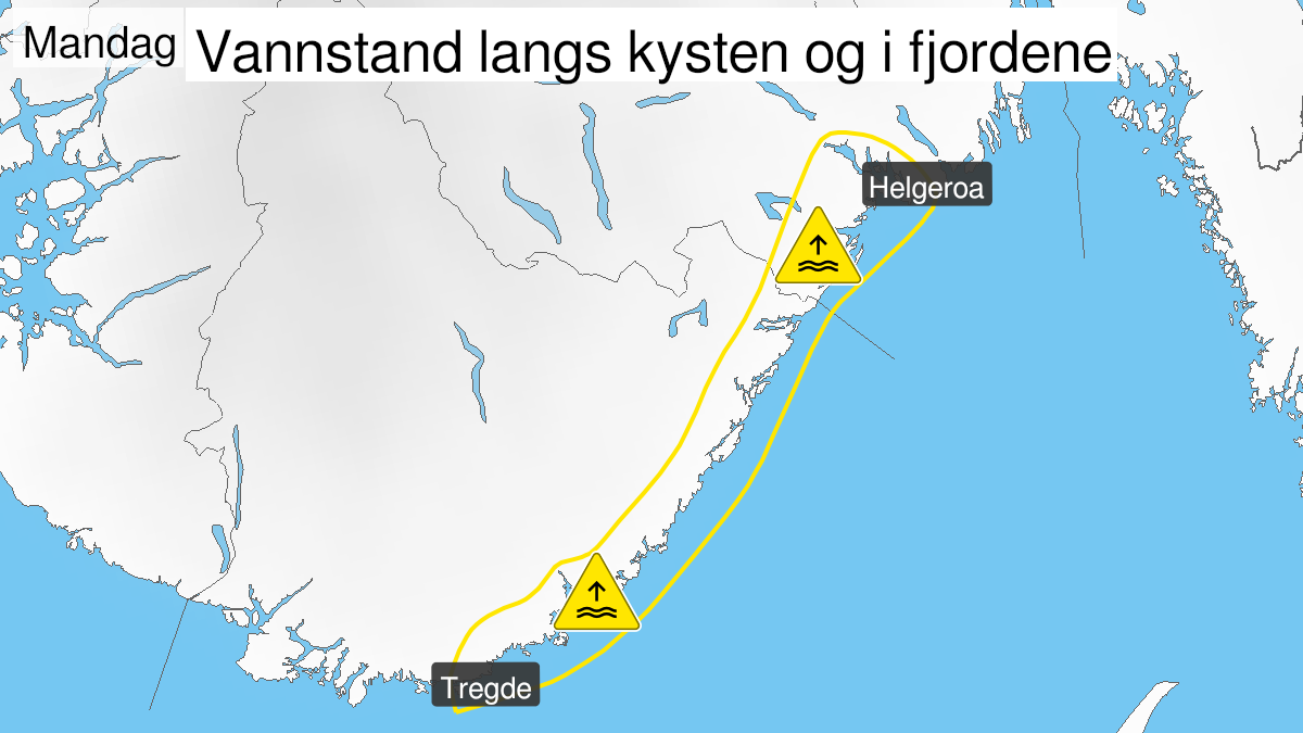 Kart over Høy vannstand, gult nivå, Kysten av Agder, Vestfold og Telemark, 2023-12-25T00:00:00+00:00, 2023-12-25T09:00:00+00:00